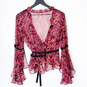 Diane von Furstenberg | Silk Printed Wrap Top Blouse Red Flare Sleeves | 6